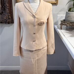 ENC Blush Nude Skirt Suit Set | Fully Lined Blazer w/ Rosette | Size S–M